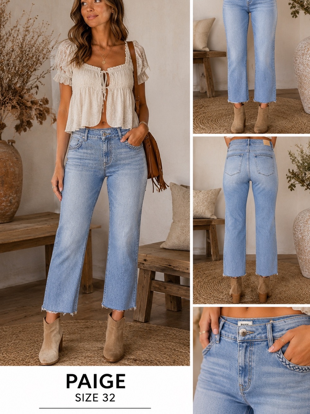 PAIGE Light Wash Jeans Size 32 | Braided Pocket Raw Hem Straight Leg